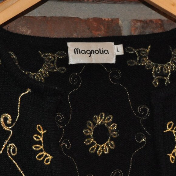 Vtg Magnolia BLACK Wool Angora KNIT CARDIGAN SWEATER Embroidery L Gems - Picture 9 of 10